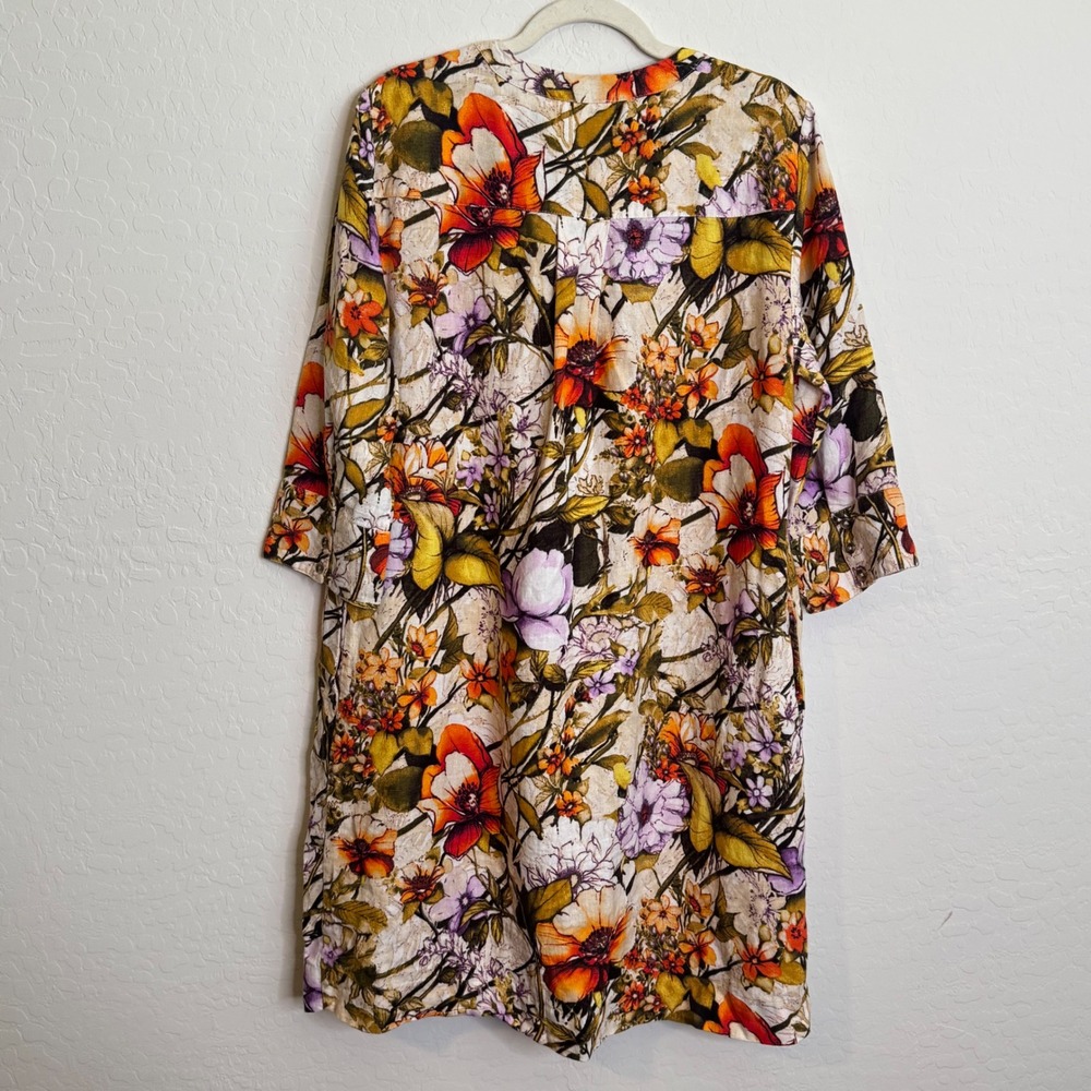 Chicos 100% Linen Dress Large Tan Floral 3/4 Sleeve Boho Coastal Lagenlook - Picture 10 of 10